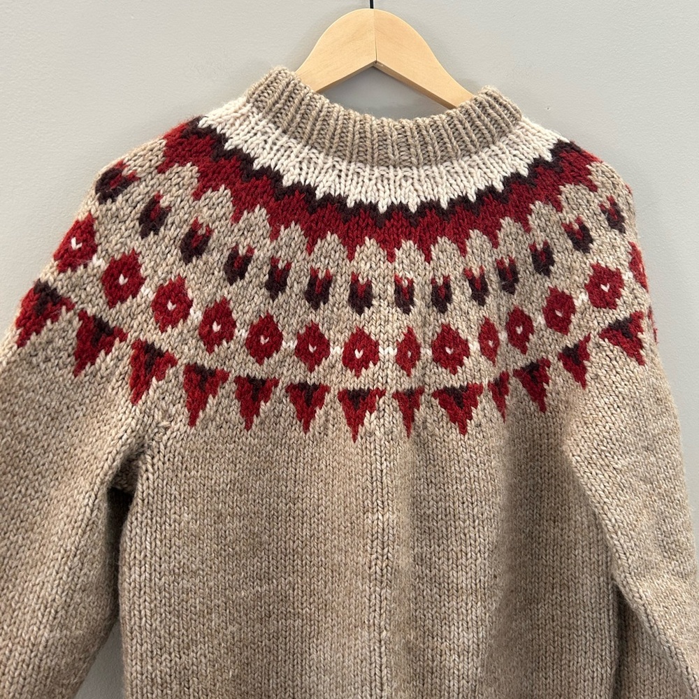 HAND KNIT Wool Fair Isle Oatmeal Nordic Chunky Knit Crew Neck Sweater - Picture 3 of 6